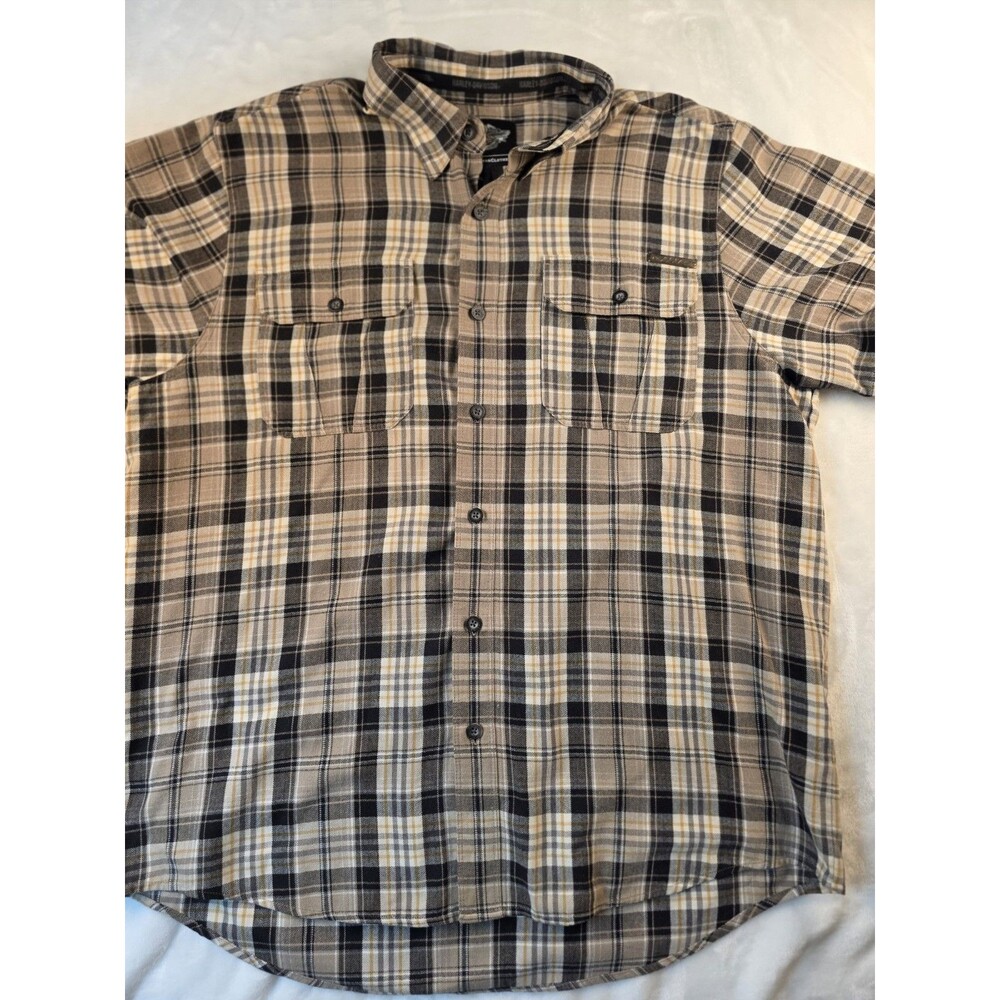 Harley Davidson Men’s XL‎ Brown Plaid Button Up Shirt With Metal Badge